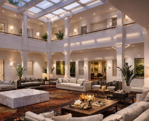 Grand salon de réception privé VVIP à Doha organisé autour d’un vaste atrium lumineux, avec mobilier haut de gamme et architecture élégante sur plusieurs niveaux.