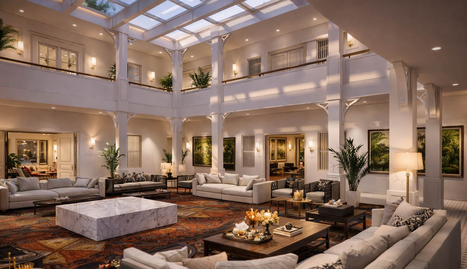 Grand salon de réception privé VVIP à Doha organisé autour d’un vaste atrium lumineux, avec mobilier haut de gamme et architecture élégante sur plusieurs niveaux.