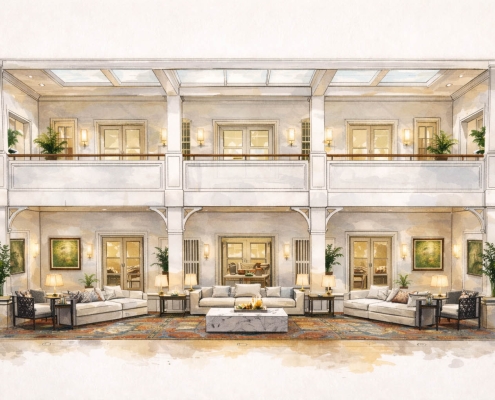 Perspective architecturale illustrée du salon de réception privé VVIP à Doha, mettant en valeur les volumes, les niveaux et la structure du projet.