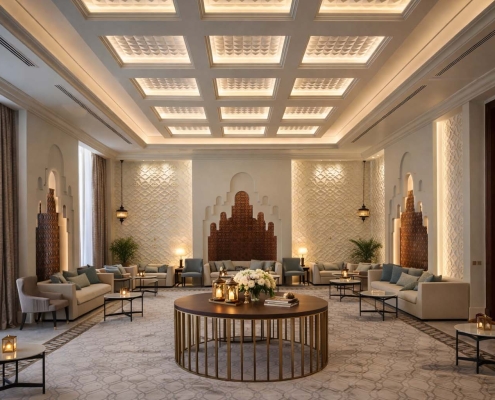 Salon de réception VVIP à Doha au Qatar, intérieur de prestige avec plafonds rétroéclairés, arches orientales, mobilier contemporain et ambiance luxueuse conçue par un architecte d’intérieur.