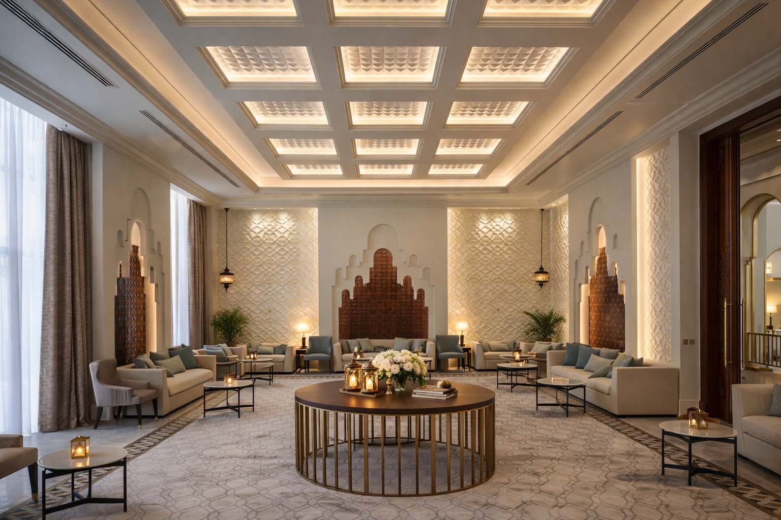 Salon de réception VVIP – Élégance contemporaine et inspiration orientale à Doha Salon de réception VVIP à Doha au Qatar, intérieur de prestige avec plafonds rétroéclairés, arches orientales, mobilier contemporain et ambiance luxueuse conçue par un architecte d’intérieur.