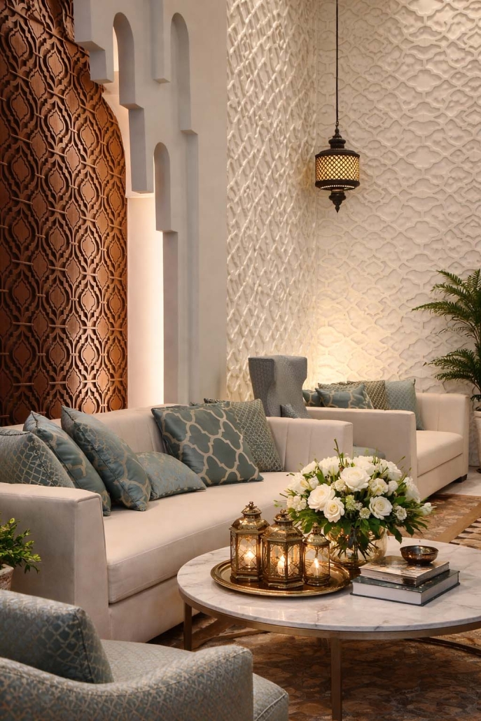 Salon VVIP – Atmosphère feutrée et élégance orientale contemporaine à Doha Détail du salon de réception VVIP à Doha au Qatar, intérieur de luxe avec canapés contemporains, motifs orientaux, éclairage tamisé et décoration haut de gamme réalisée par un architecte d’intérieur.