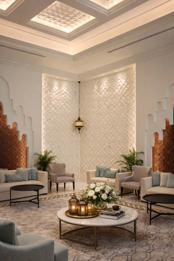 Salon de réception VVIP – Symétrie, lumière et sophistication à Doha Salon de réception VVIP à Doha au Qatar, intérieur de prestige avec plafonds sculptés rétroéclairés, panneaux muraux texturés, mobilier contemporain et ambiance luxueuse conçue par un architecte d’intérieur.