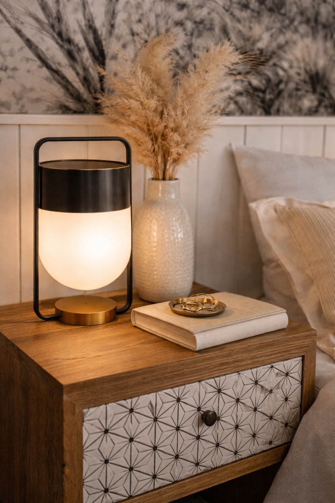 Detail de la table de nuit dans une chambre renovee en dordogne