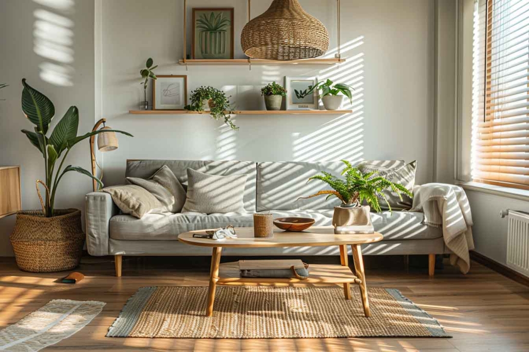 Un salon d'un appartement Japandi a Bordeaux