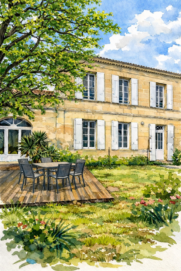 Rénovation d’une maison en pierre en Gironde – Vue extérieure Maison en pierre rénovée à Izon en Gironde avec façade traditionnelle, volets bois et terrasse extérieure intégrée au jardin