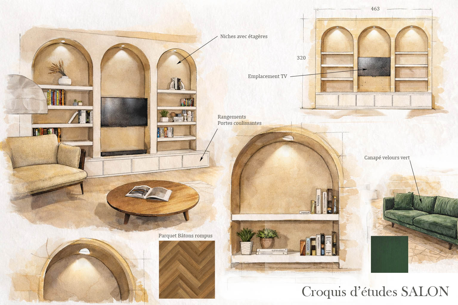 Étude et croquis d’architecture intérieure du salon Croquis d’étude du salon montrant bibliothèque sur mesure, niches voûtées, rangements intégrés et choix de matériaux pour rénovation intérieure
