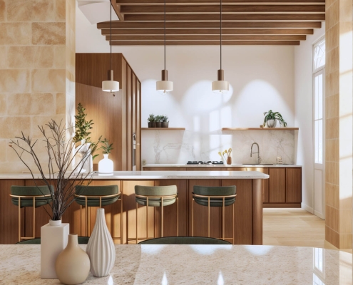 Cuisine sur mesure avec îlot central, poutres apparentes et murs en pierre dans une maison rénovée à Izon en Gironde par un architecte d’intérieur