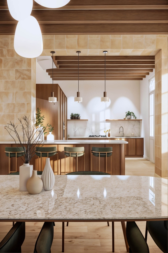 Cuisine sur mesure avec îlot central en bois Cuisine sur mesure avec îlot central, poutres apparentes et murs en pierre dans une maison rénovée à Izon en Gironde par un architecte d’intérieur