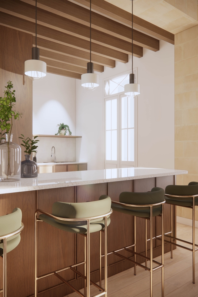 Îlot de cuisine sur mesure et assises design Détail de l’îlot de cuisine sur mesure avec plan de travail clair, rangements intégrés et tabourets design dans une rénovation intérieure