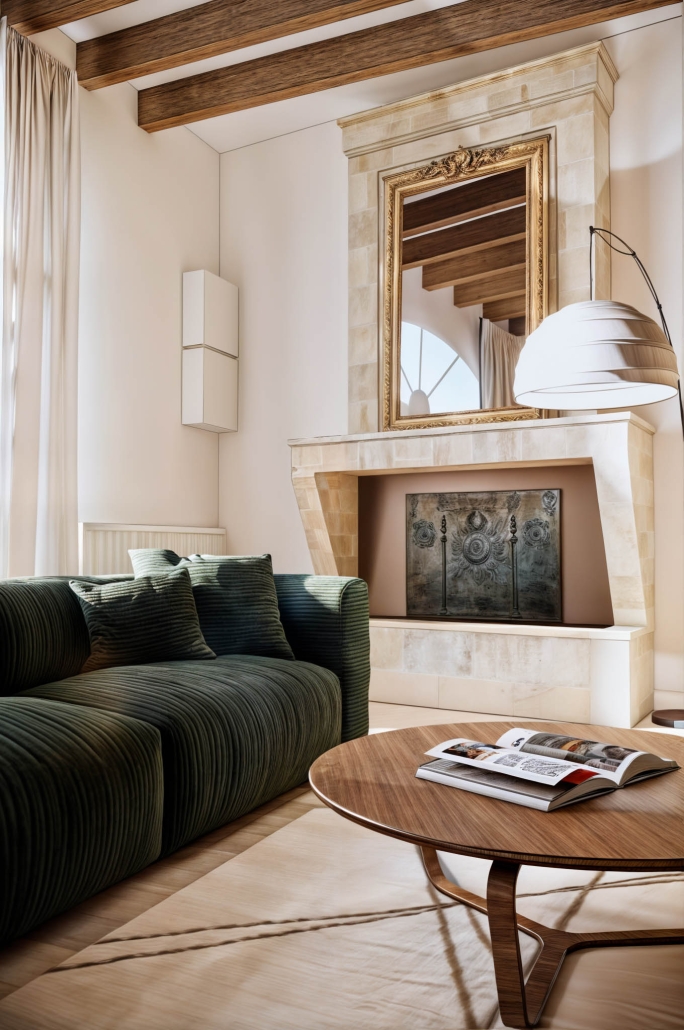 Salon rénové avec cheminée ancienne et mobilier contemporain Salon rénové dans une maison en pierre avec cheminée ancienne, poutres apparentes, mobilier contemporain et palette de tons naturels