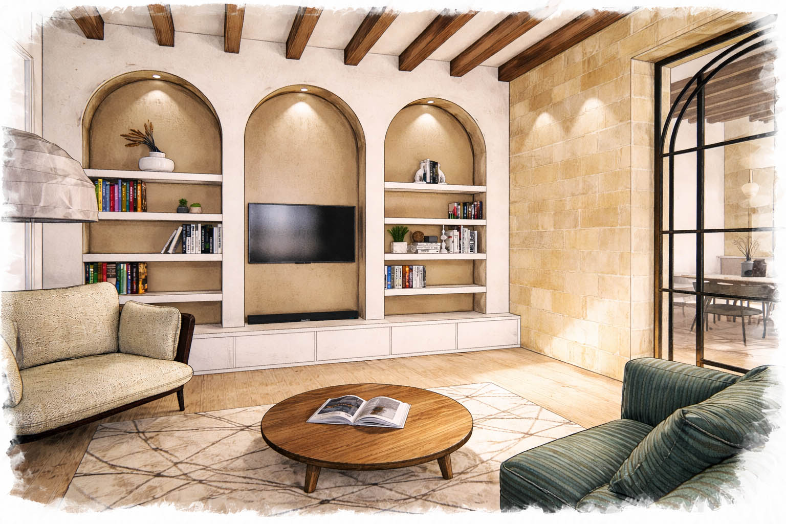 Salon rénové avec bibliothèque sur mesure et niches voûtées alon rénové dans une maison en pierre avec bibliothèque sur mesure, niches arrondies, murs en pierre apparente et ambiance chaleureuse