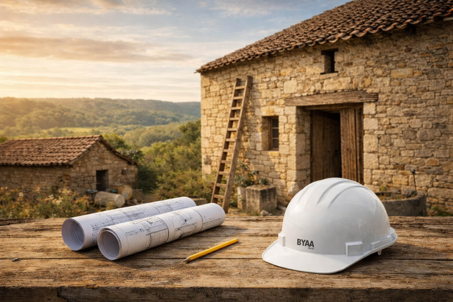 Maison en pierre à rénover en Dordogne – projet d’architecture intérieure Maison ancienne en pierre à rénover en Dordogne avec plans d’architecte d’intérieur, crayon et casque de chantier sur une table en bois