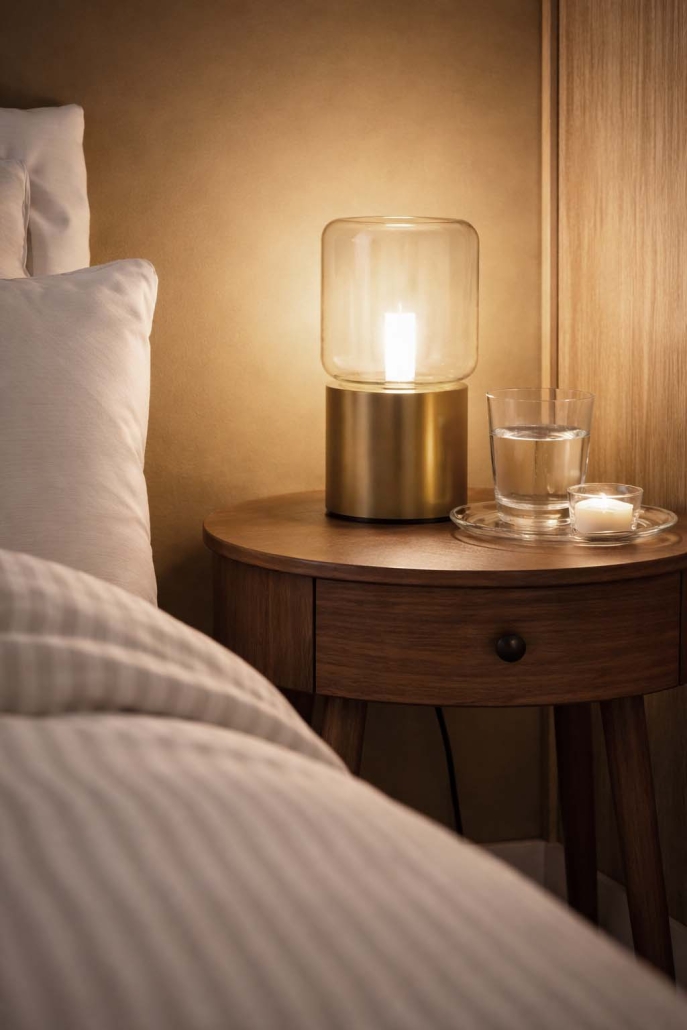 Détail table de nuit en bois avec lampe design dans une chambre rénovée à Angoulême