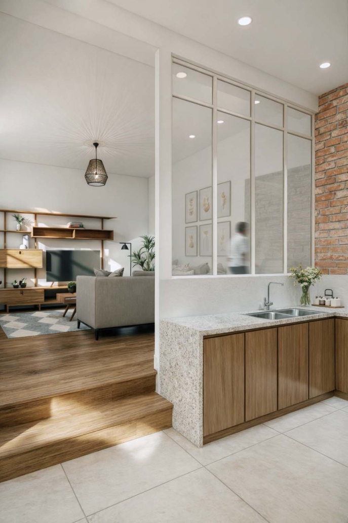 Cuisine ouverte en bois dans une maison de ville rénovée à Angoulême