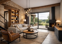 Salon contemporain dans une maison en pierre en Dordogne, aménagé par un architecte d’intérieur