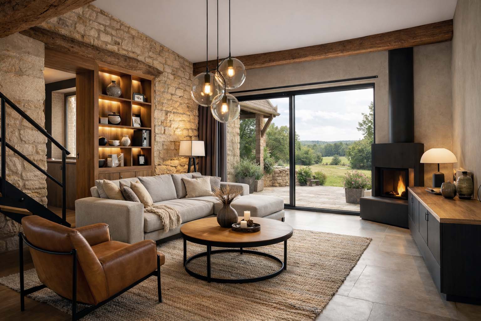 Architecture intérieure en Dordogne – salon contemporain et chaleureux Salon contemporain dans une maison en pierre en Dordogne, aménagé par un architecte d’intérieur