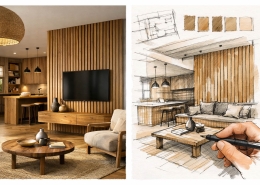 Croquis d’architecte d’intérieur illustrant un projet d’architecture intérieure bois en Dordogne