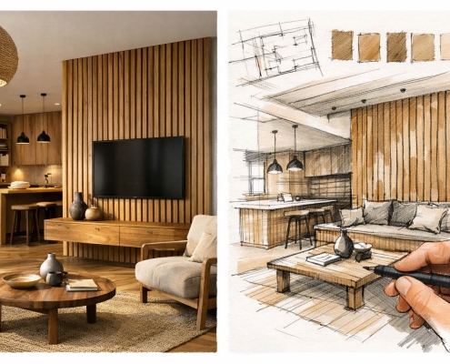 Croquis d’architecte d’intérieur illustrant un projet d’architecture intérieure bois en Dordogne