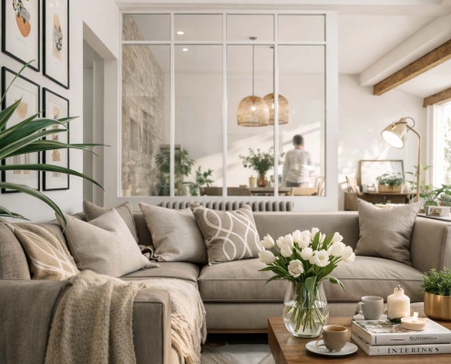 Salon rénové aux tons naturels dans une maison de ville à Angoulême