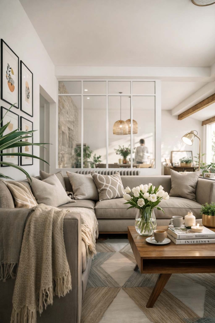 Salon rénové aux tons naturels dans une maison de ville à Angoulême