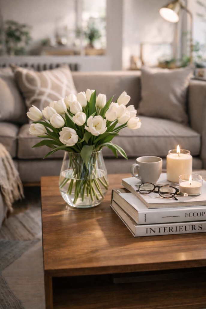 Détail table basse en bois dans un salon rénové à Angoulême