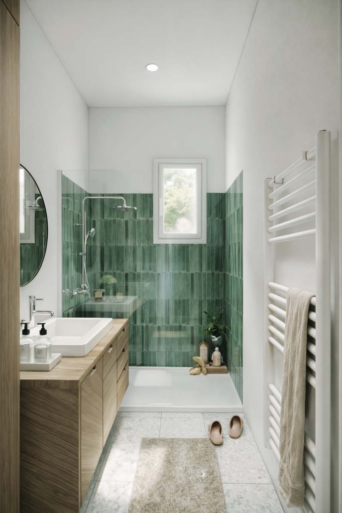 Salle d’eau rénovée avec faïence verte et meuble en bois à Angoulême