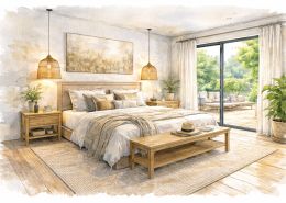 Croquis d’architecture intérieure d’une chambre moderne en Dordogne, avec lit en bois, matières naturelles, lumière traversante et ouverture sur le jardin, projet conçu par un architecte d’intérieur.