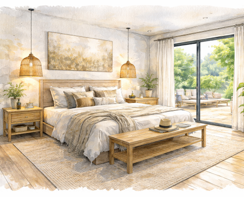 Croquis d’architecture intérieure d’une chambre moderne en Dordogne, avec lit en bois, matières naturelles, lumière traversante et ouverture sur le jardin, projet conçu par un architecte d’intérieur.