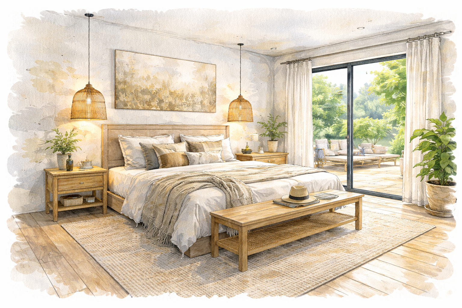 Projet de chambre contemporaine – Architecte d’intérieur en Dordogne Croquis d’architecture intérieure d’une chambre moderne en Dordogne, avec lit en bois, matières naturelles, lumière traversante et ouverture sur le jardin, projet conçu par un architecte d’intérieur.