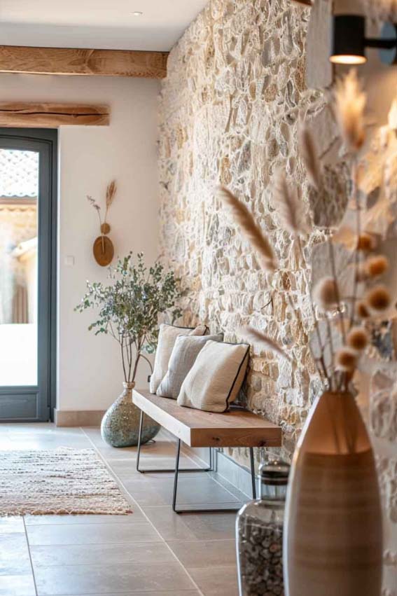 Aménagement d’une entrée lumineuse avec mur en pierre apparente, banc en bois sur mesure et décoration naturelle, réalisé par un architecte d’intérieur en Dordogne.