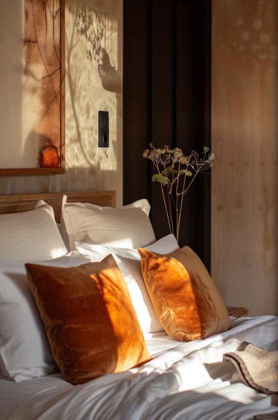 Chambre chaleureuse avec coussins en velours ocre, lumière naturelle et ambiance intimiste, aménagement réalisé par un architecte d’intérieur en Dordogne.